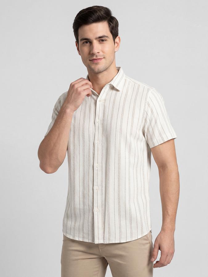 R&B Ivory Striped Men Spread Collar Short Sleeves Shirt