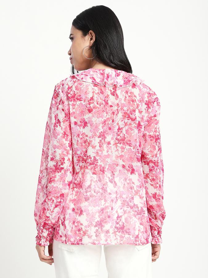 Women Polyester Regular Fit Ruffled Neck Floral Top