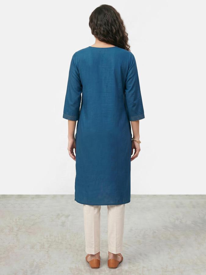 R&B Women Blue Printed Round Neck Three-Quarter Sleeves Calf Length Straight Kurta 