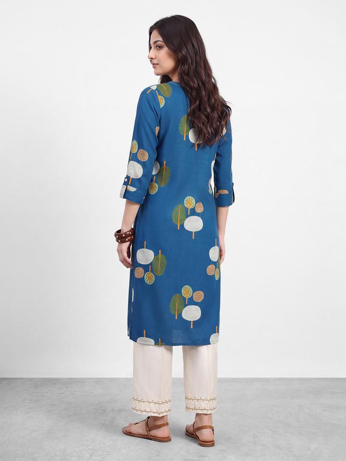 R&B Womens Teal Blue Three-Quarter Sleeves V Neck Floral Printed Straight Kurta