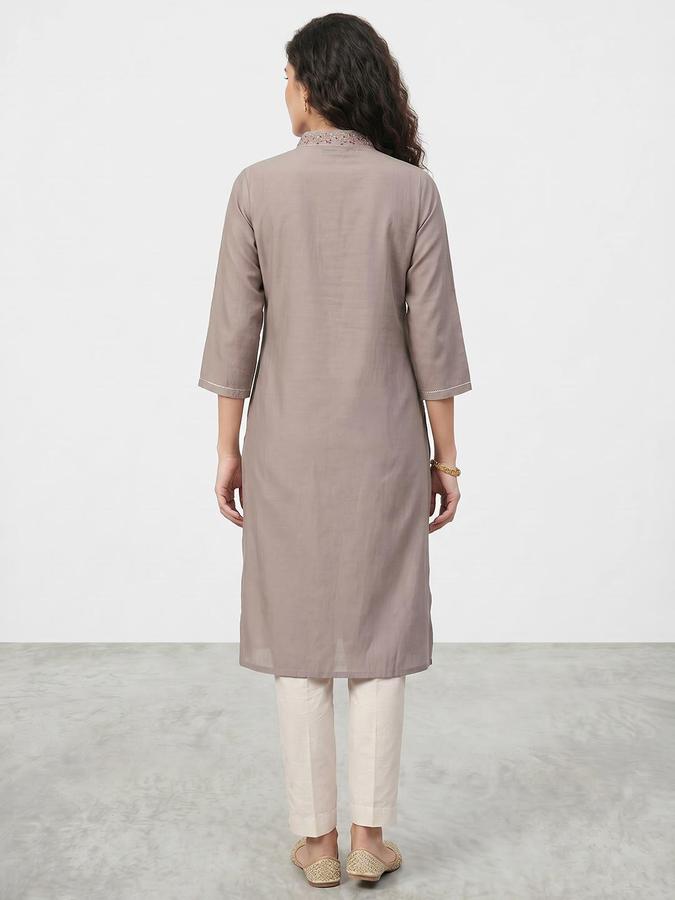 R&B Women Beige Embroidered V-Neck Three-Quarter Sleeves Calf Length Straight Kurta 