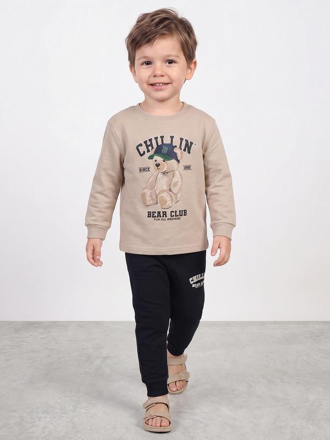 R&B Boys Beige Teddy Bear Print Round Neck Sweatshirt and Joggers Lounge Set