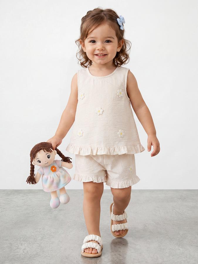 R&B Girls Light Yellow Self Design Pure Cotton Sleeveless Co-ord Set