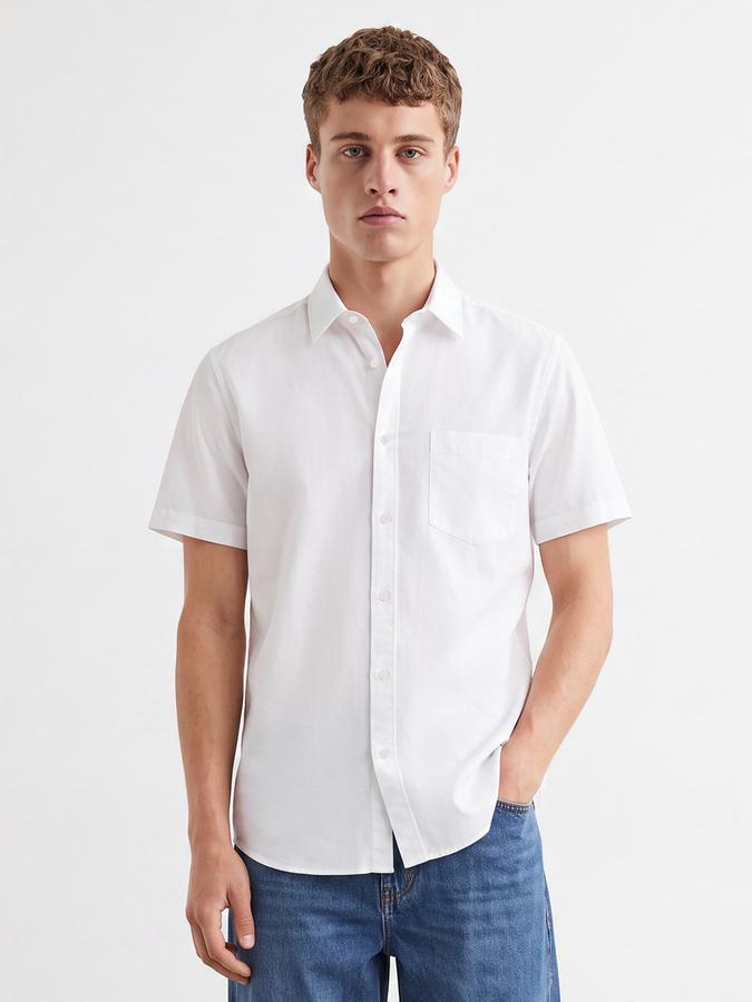 R&B Men's White Spread Collar Slub Short Sleeve Shirt