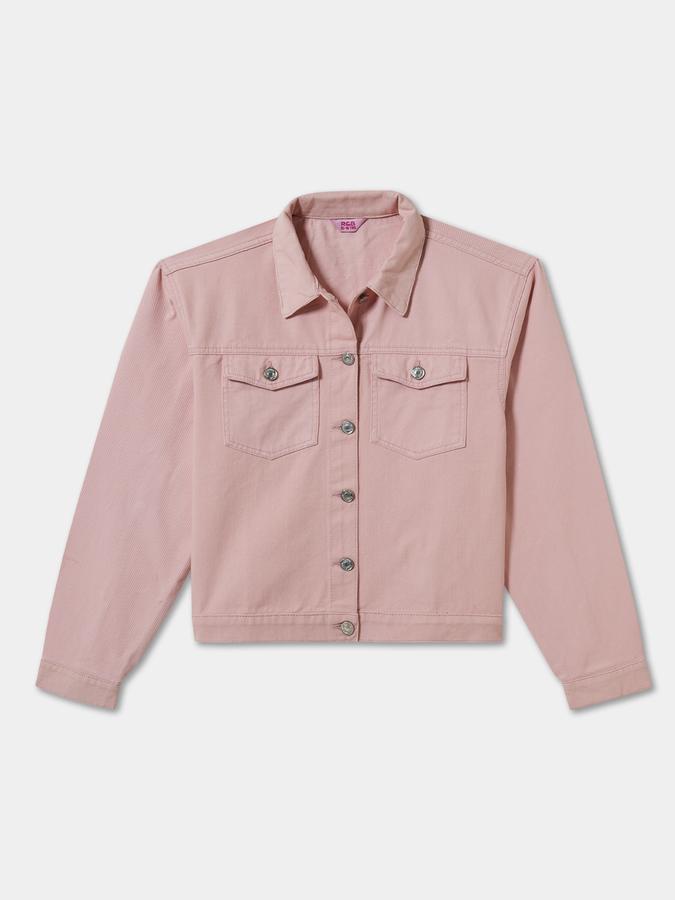 Girls Cotton Denim Solid Button Front Jacket