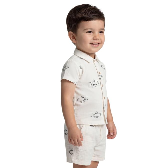 R&B Off White Printed Boys Spread Collar Short Sleeves Shirt 