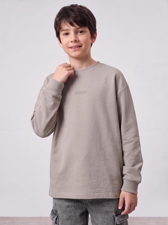 R&B Boys Beige Typography Print Long Sleeves Round Neck Pure Cotton T-Shirt