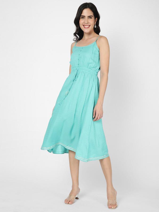 R&B Women Turquoise Self Design Sleeveless Round Neck Midi Fit &amp; Flare Ethnic Dress
