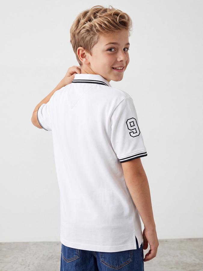 R&B Boys Beige Short sleeve Varsity Club Collegiate Badge Tipping Collar Pure Cotton T-Shirt