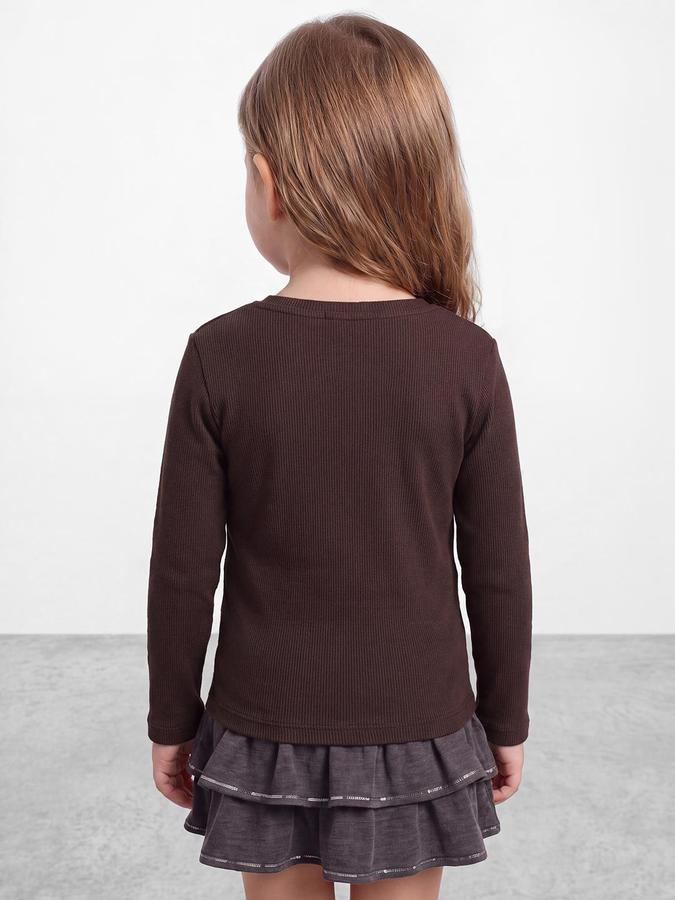 R&B Girls Brown Heart Embellishment Long Sleeves Round Neck Rib T-Shirt