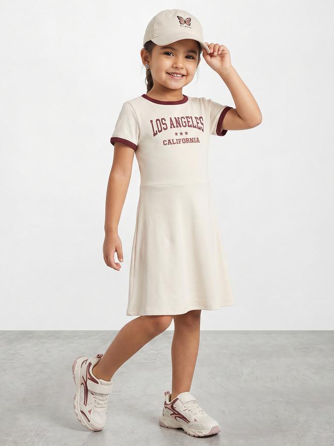 R&B Girl Beige California Graphic Print Pure Cotton Short Sleeves A-Line Dress