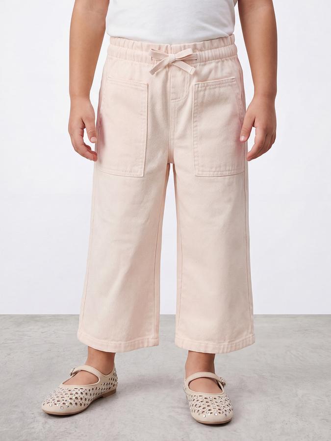 R&B Girls Beige Solid Pure Cotton Wide Leg Mid Rise Trousers