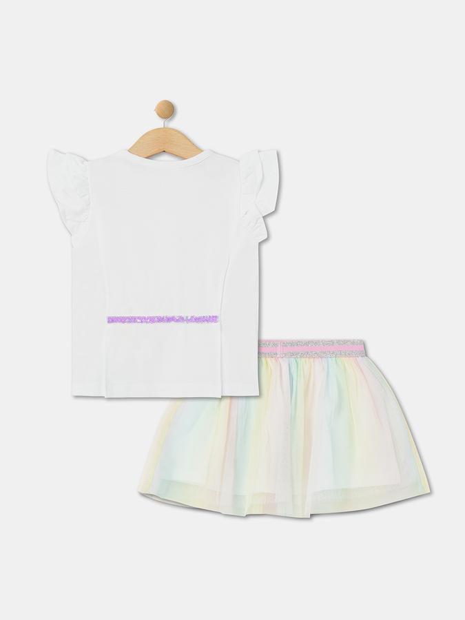 Girls Cotton Graphic Ruffled Sleeves T-Shirt and Tulle Skirt Set