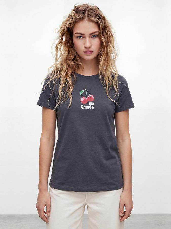 R&B Womens Dark Grey Cherry Graphic Printed Round Neck Half Sleeve Cotton Regular Fit T-Shirt