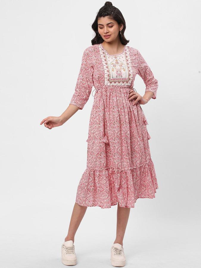 R&B Women Pink Printed Three Quarter Sleeves Fit &amp; Flared Knee Length Ethnic Dress