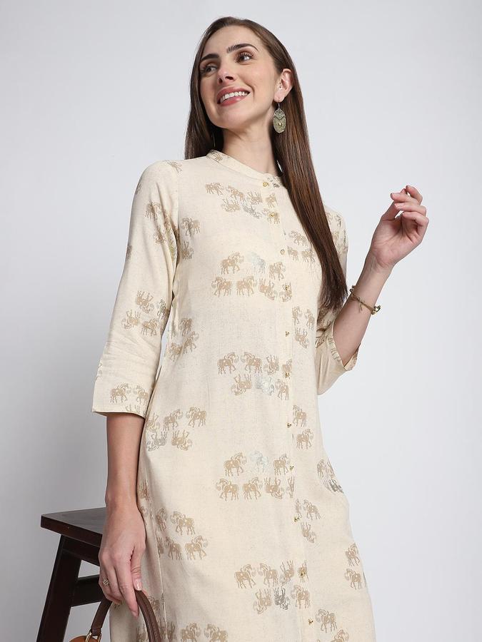 R&B Women Cream Etnic Motifs Print Mandarin Collar Knee Length Pure Viscose Ethnic Kurta