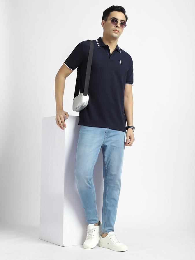 Men Cotton Blend Regular Fit Polo Neck Textured T-shirt