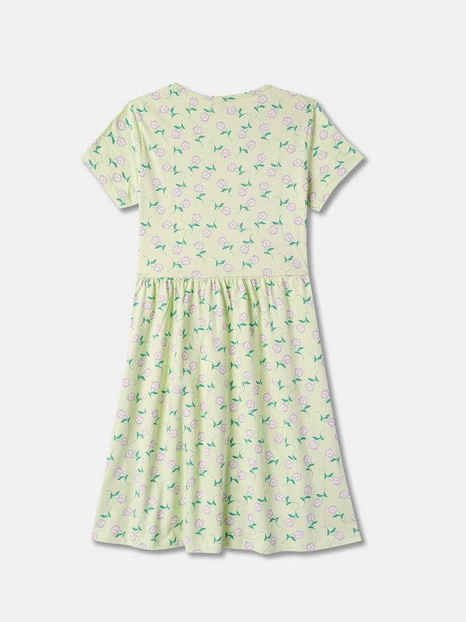 Girls Floral Print Short Sleeve Round Neck Knee Length Dress