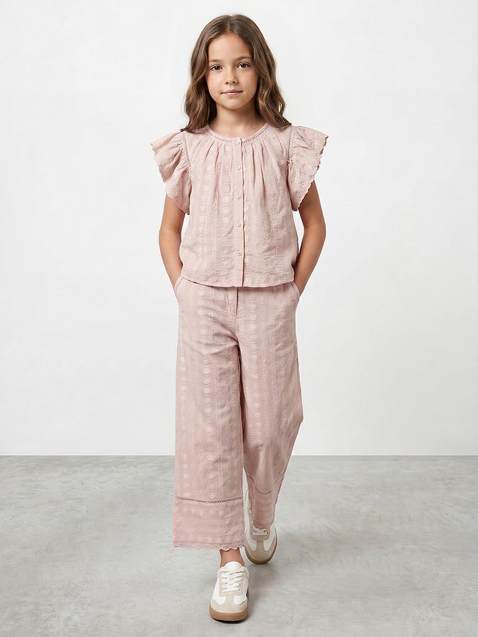 R&B Girls Pink Striped Polyester Half Sleeve Co-ord Set