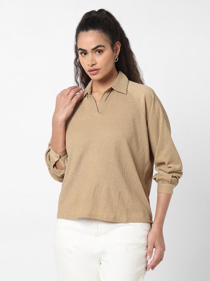 Women Polyester Relaxed Fit Shirt Collar Textured Top