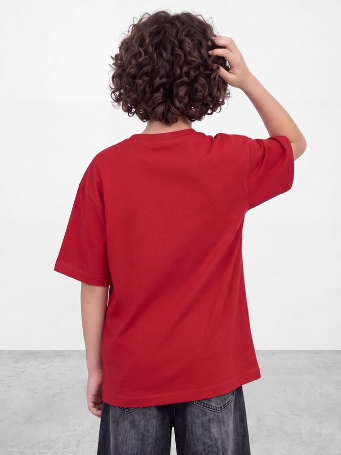 R&B Boys Red Typography Print Short Sleeves Round Neck Pure Cotton T-Shirt