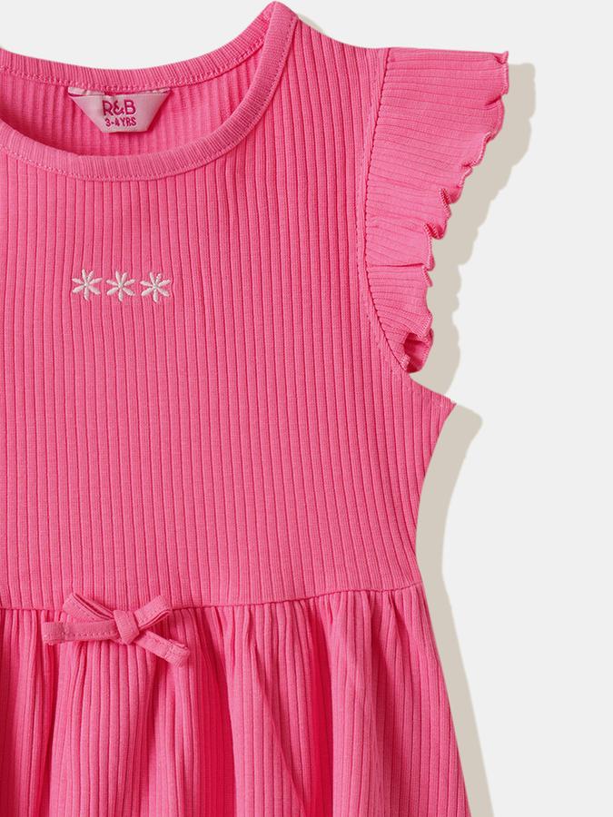 Girls Cotton Regular Fit Round Neck Ruffled Dress