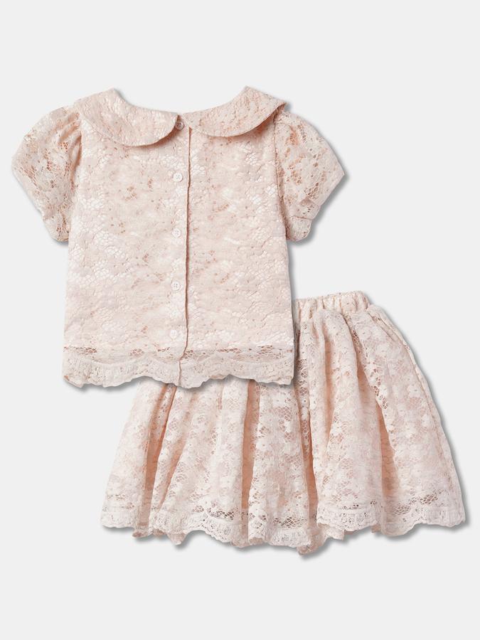 Girls Floral Puff Sleeve Lace Blouse with Ruffled Skirt Set