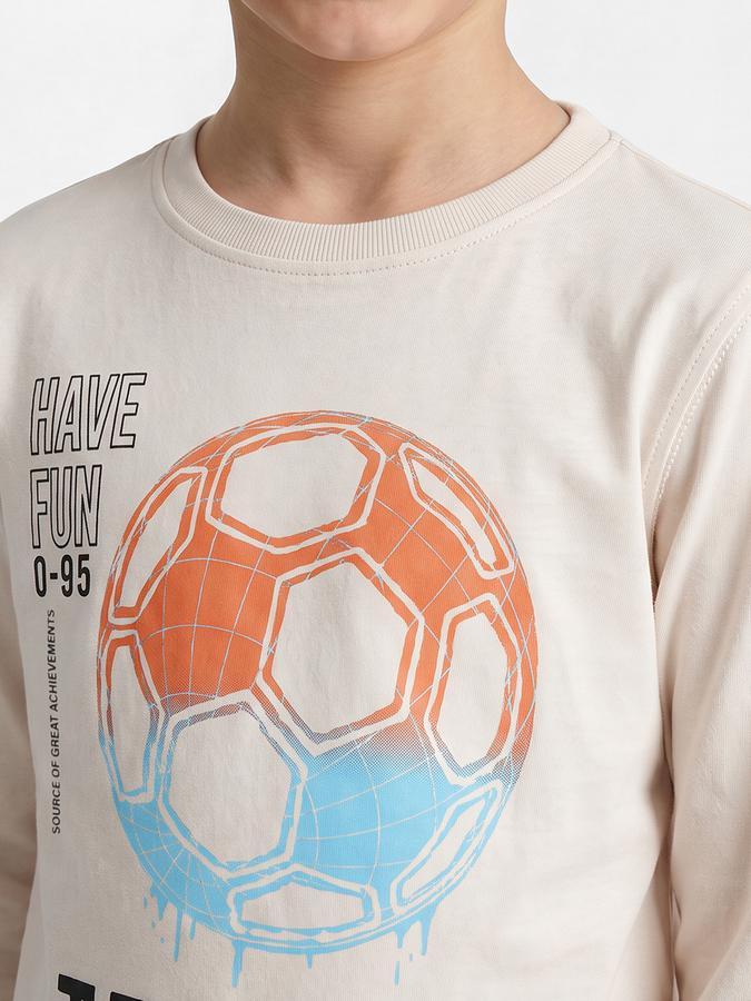 R&B Boys Beige Long Sleeves Round Neck Game On Football Graphics Pure Cotton T-Shirt