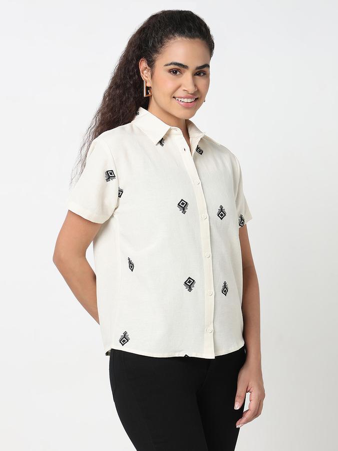Women Viscose Blend Relaxed Fit Shirt Collar Embroidered Top