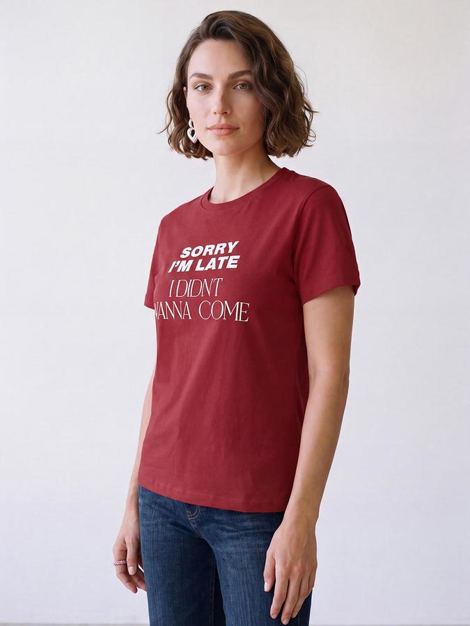 R&B Women Red Short Sleeve Round Neck Typography Graphic Print T-Shirt