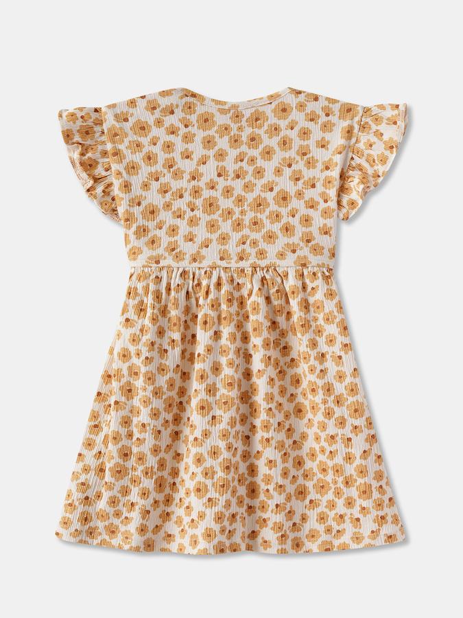 Girls Floral Print Ruffled Sleeve Round Neck A-Line Dress