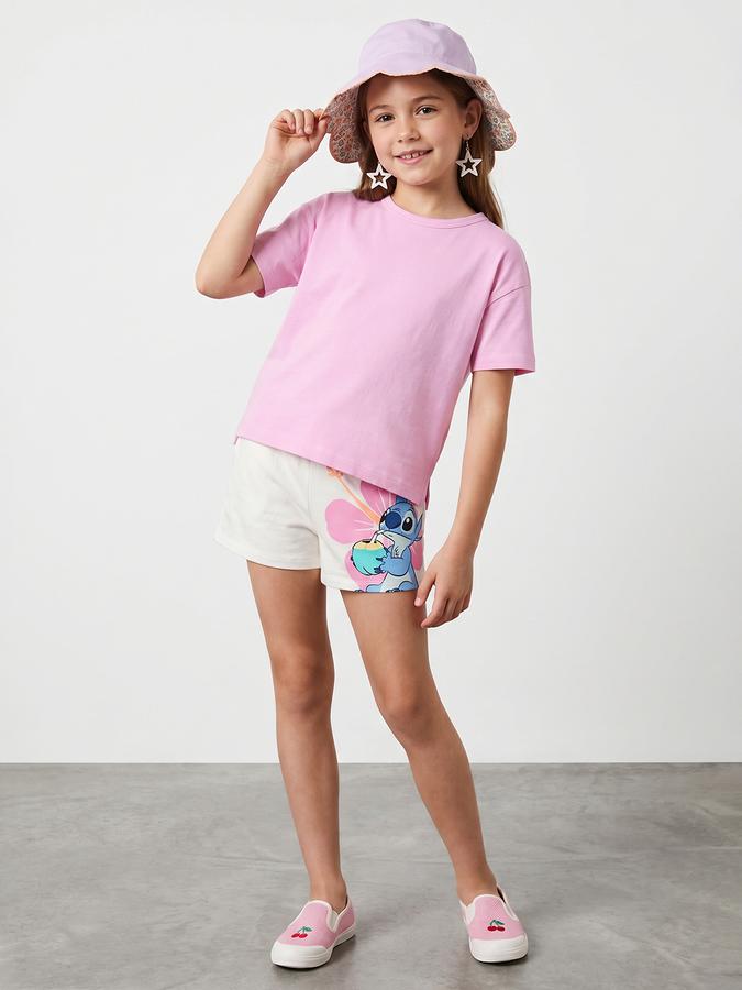 R&B Girls White Stitch Print Mid Rise Shorts