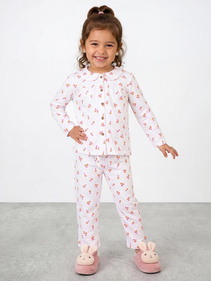 R&B Girls White Floral Print Long Sleeves Top &amp; Pyjamas Set