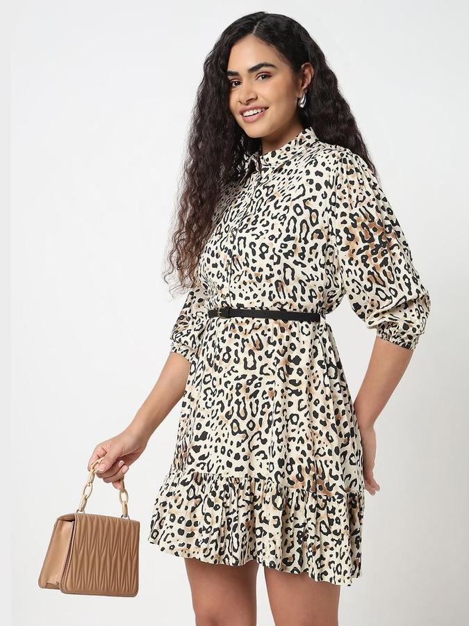 R&B Women Beige Printed Three-Quarter Sleeves Round Neck Mini Fit &amp; Flare Dress