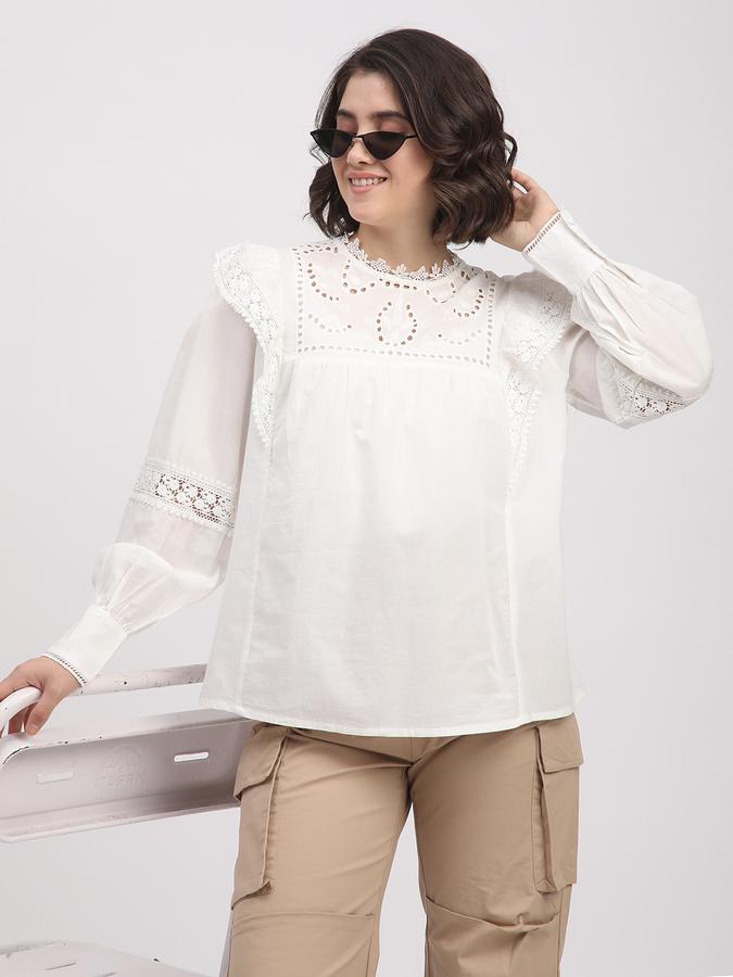 Women Cotton Regular High Neck Ruffled Top