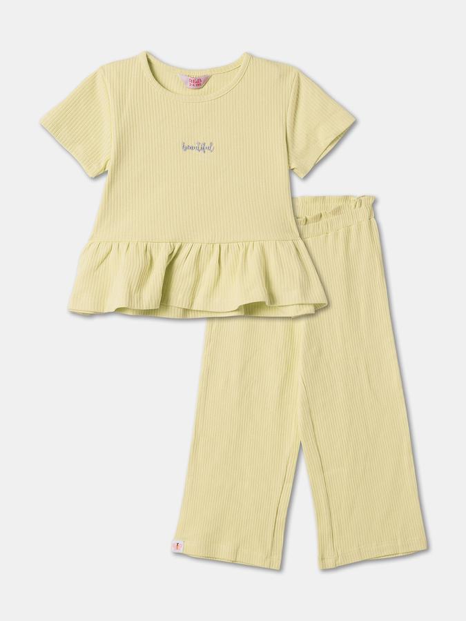 Girls Solid Short Sleeve Ribbed Top with Trousers Set