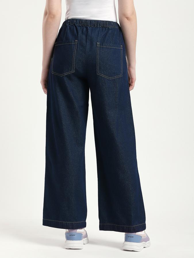 Women Cotton Wide Leg Mid Rise Solid Jeans
