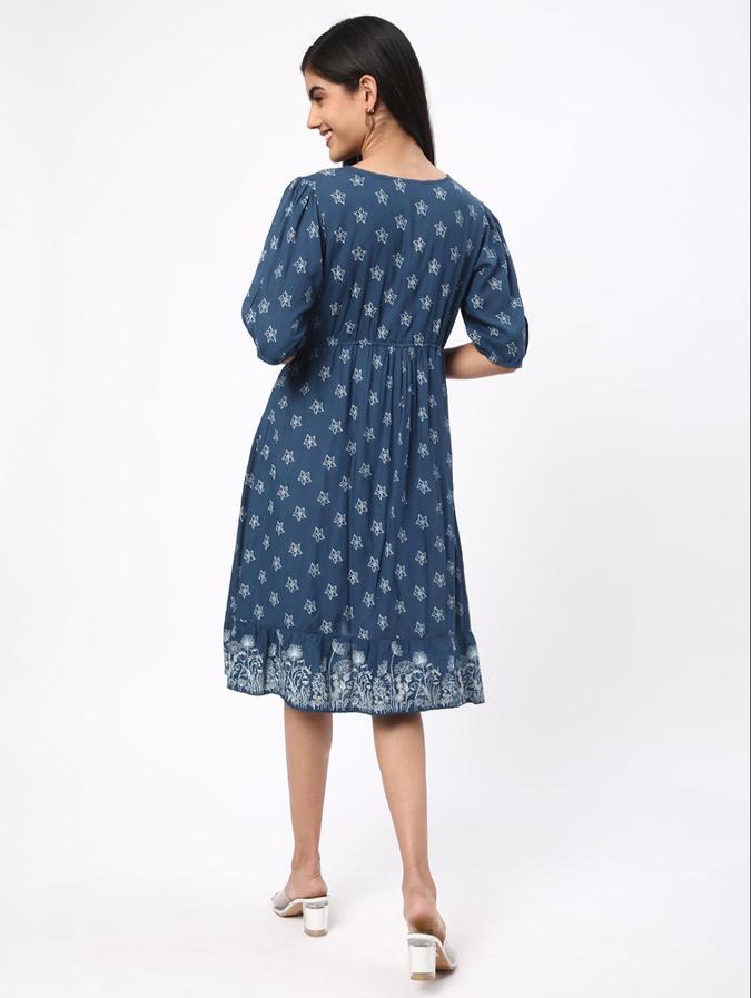 R&B Blue Floral Printed Women Short Sleeves Dress