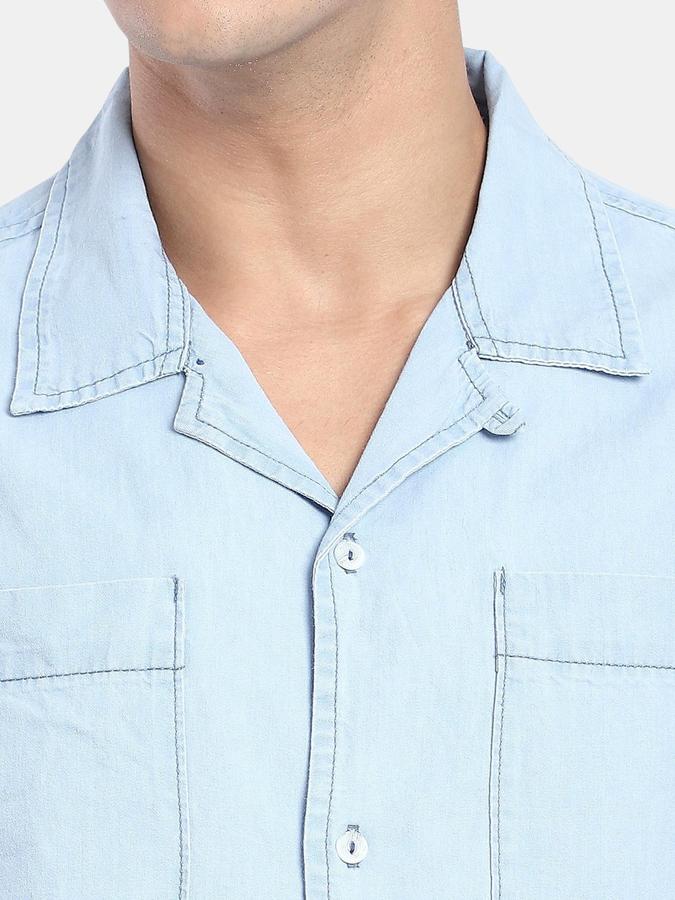 R&B  Blue Solid Men Short Sleeves Relaxed Fit Shirts