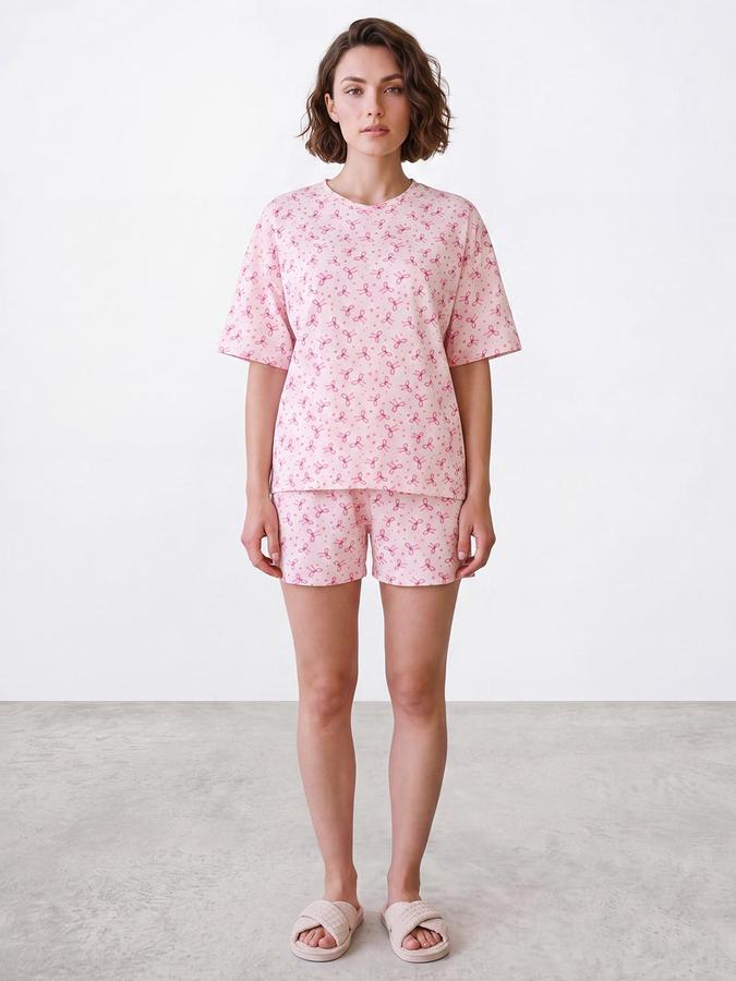 R&B Women Light Pink Bow Print Round Neck Short Sleeves Pure Cotton T-shirt & Shorts Set