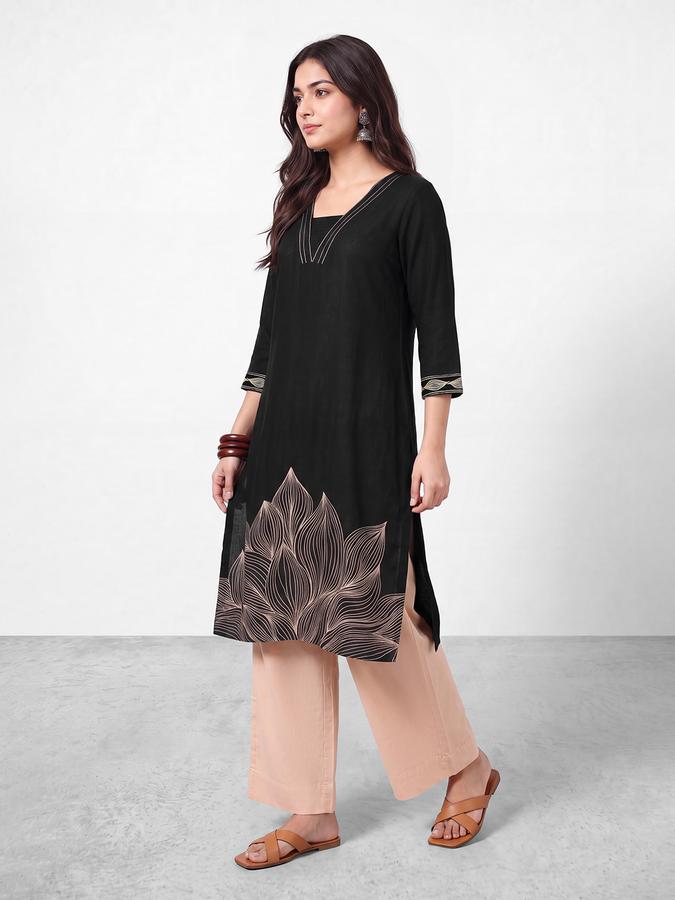 R&B Womens Black Three-Quarter Sleeves V Neck Floral Printed Straight Kurta