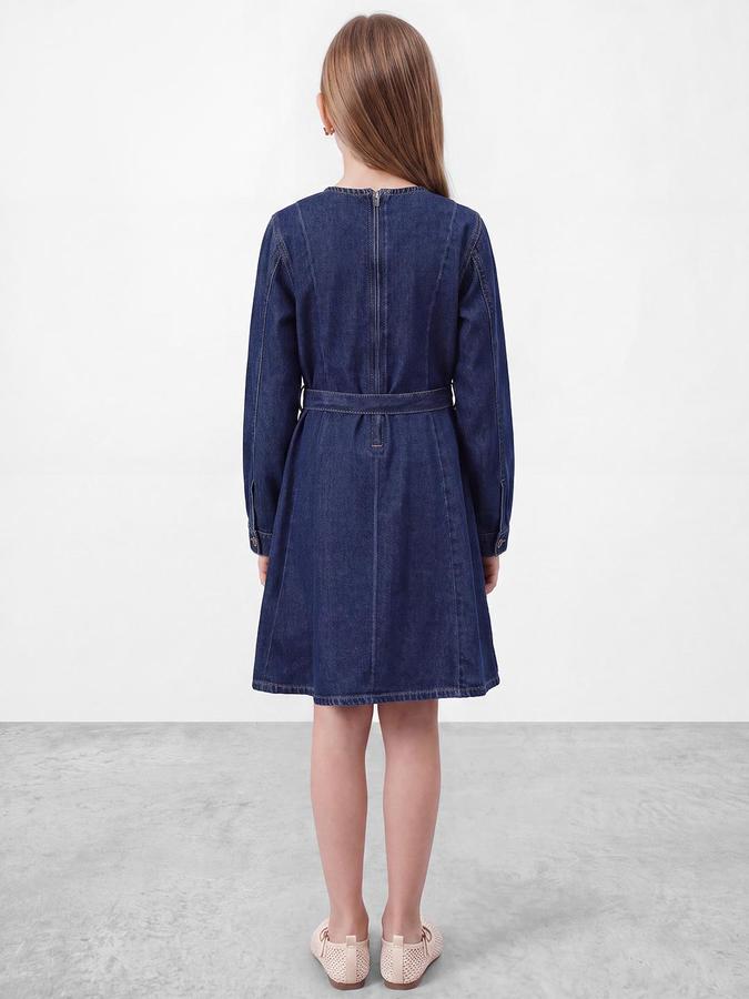 R&B Girls Blue Solid Round Neck Long Sleeves Denim A-Line Dress