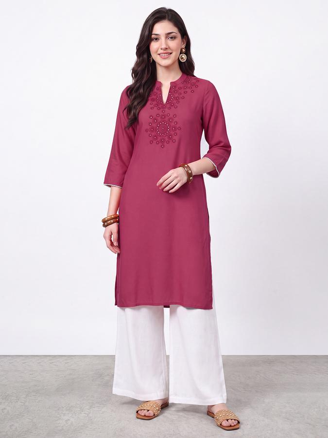 R&B Womens Maroon Three-Quarter Sleeves Mandarin Floral Embroidery Straight Kurta