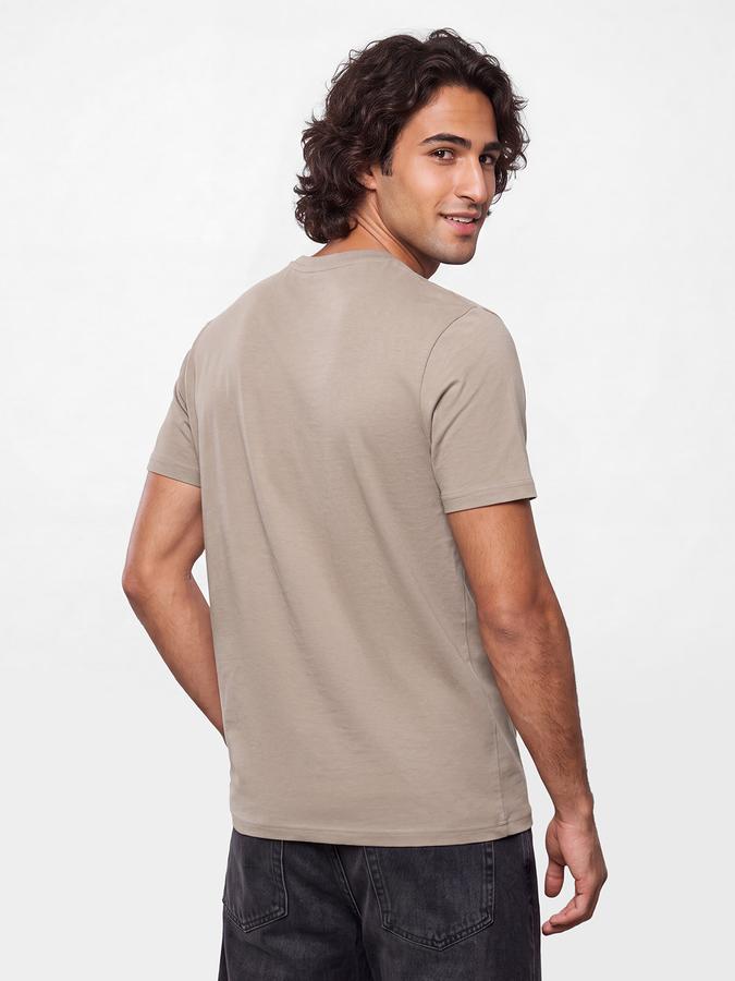 R&B Men Sand Brown Typographic Print Short Sleeves Pure Cotton Tshirt