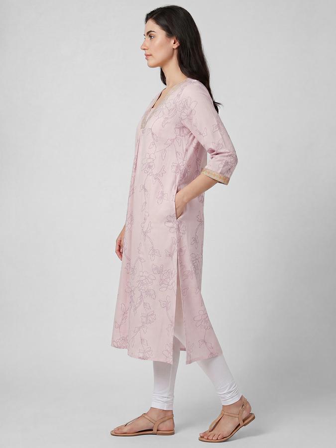 R&B Pink Embroidered Women Three-Quarter Sleeves V-Neck Kurta