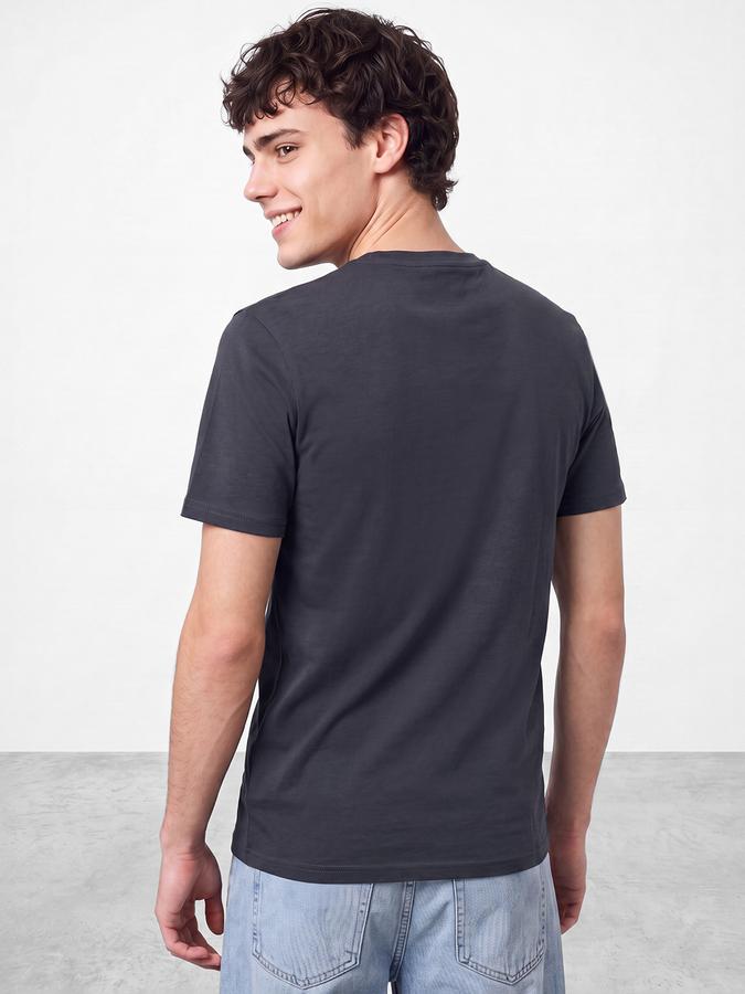 R&B Men Stone Grey Typographic Print Short Sleeves Pure Cotton Tshirt