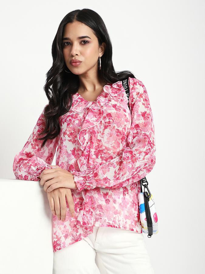 Women Polyester Regular Fit Ruffled Neck Floral Top