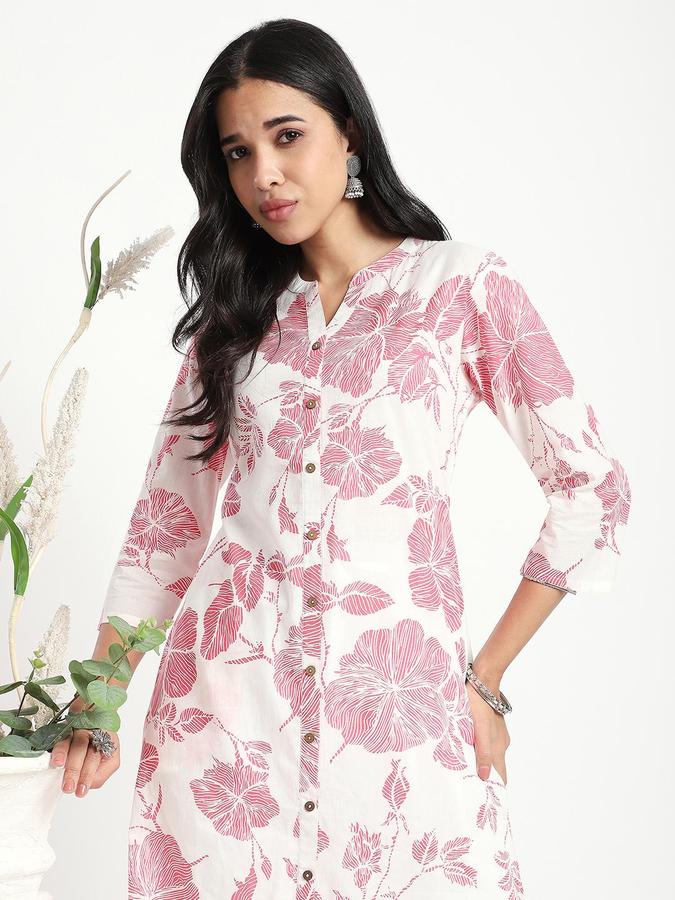 R&B Women Pink Floral Print V-Neck Knee Length Pure Cotton Ethnic Kurta