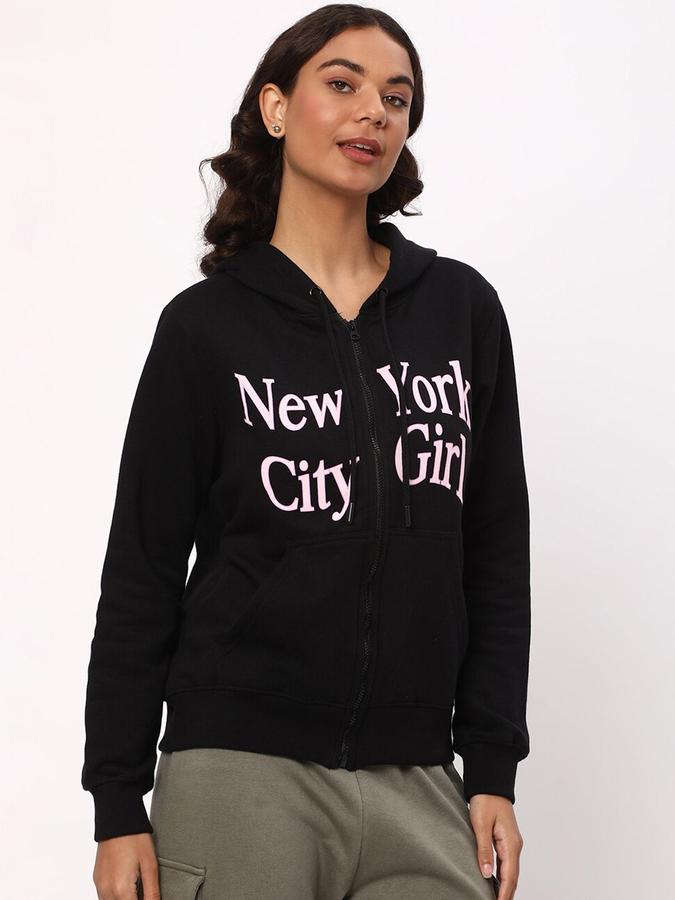R&B Women Black Long Sleeves Graphic Hooded Neck Jacket