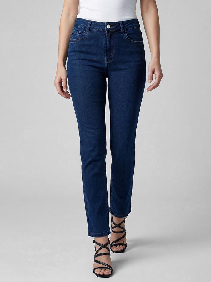 R&B Blue Solid Women Mid-Rise Straight Fit Jeans